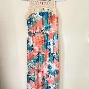 Lily Rose Coral & Teal Floral Crochet-Top Maxi Dress